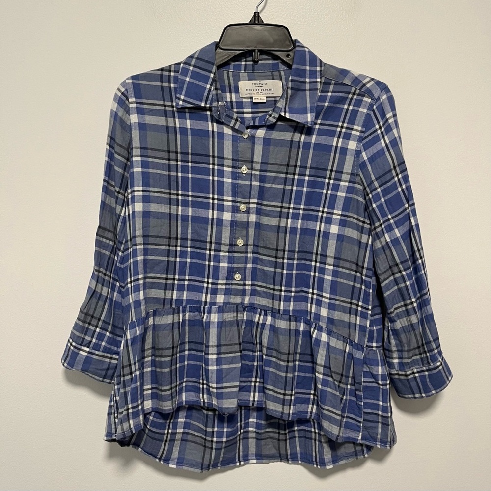 Trovata Birds Of Paradis Tuckernuck Blue Plaid Peplum Long Sleeve Top Shirt XS